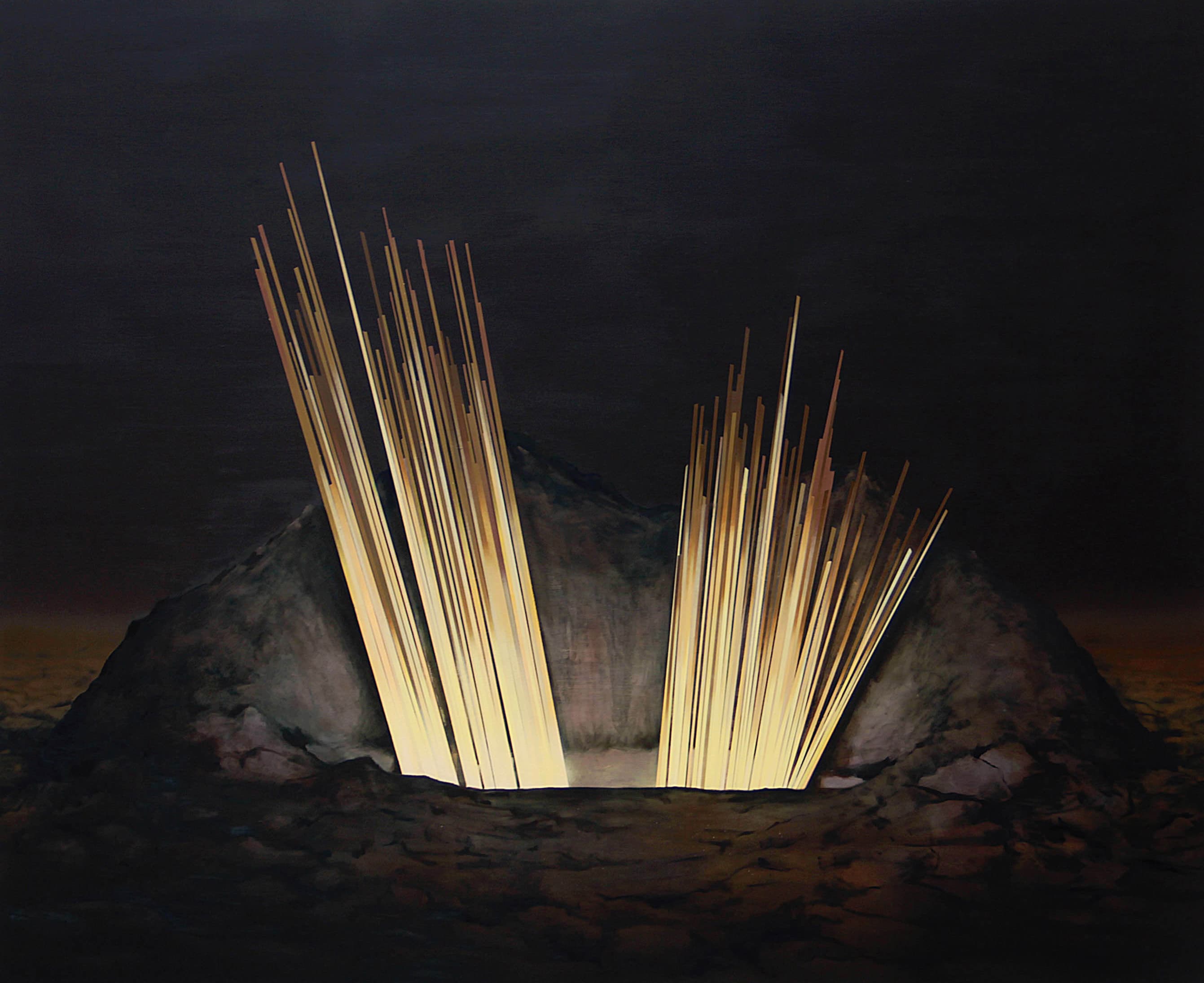 Large painting of shining sticks exiting from a whole in the ground in a dark environment