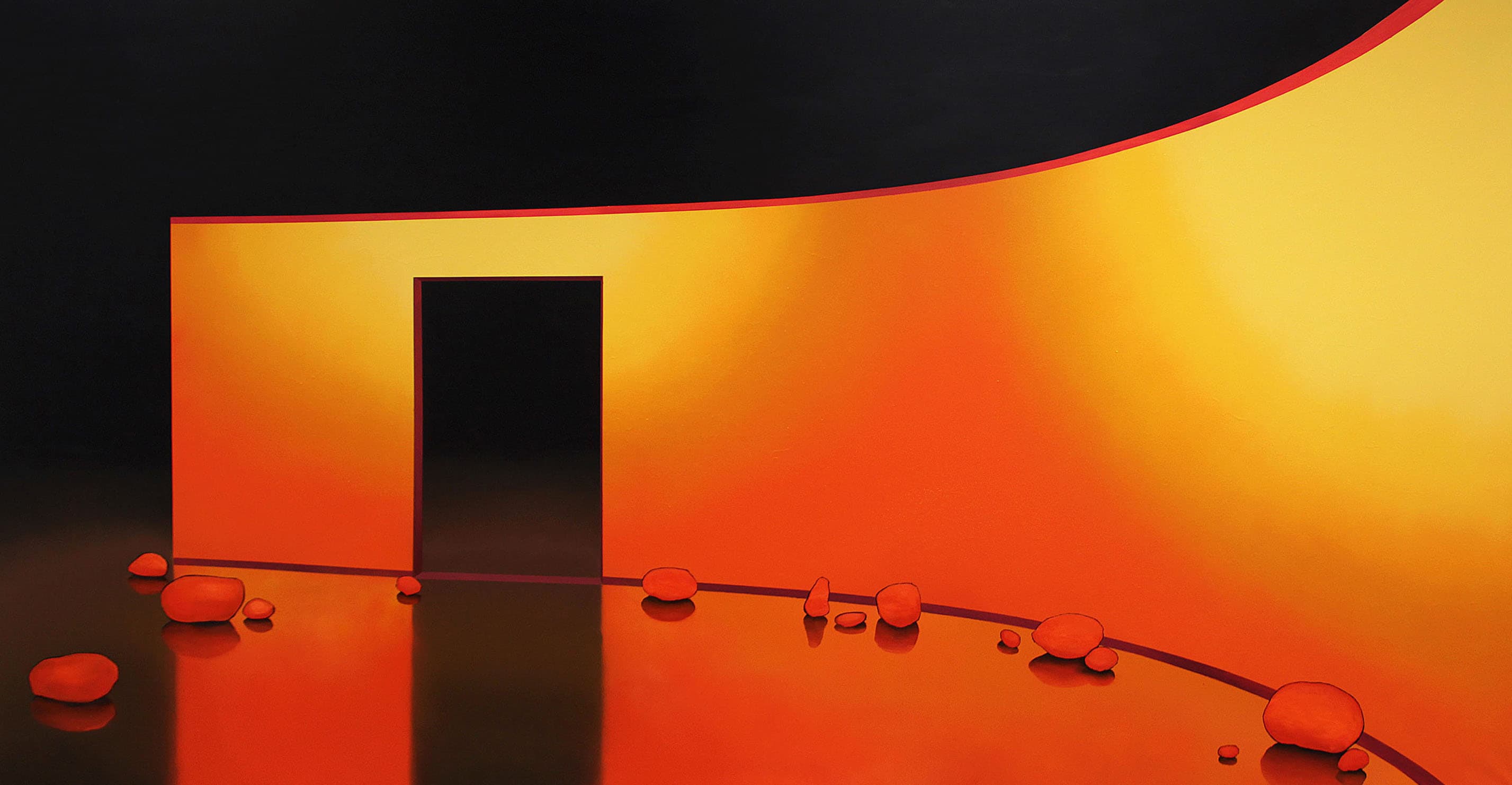 Large painting depicting a curved orange wall on a reflecting surface