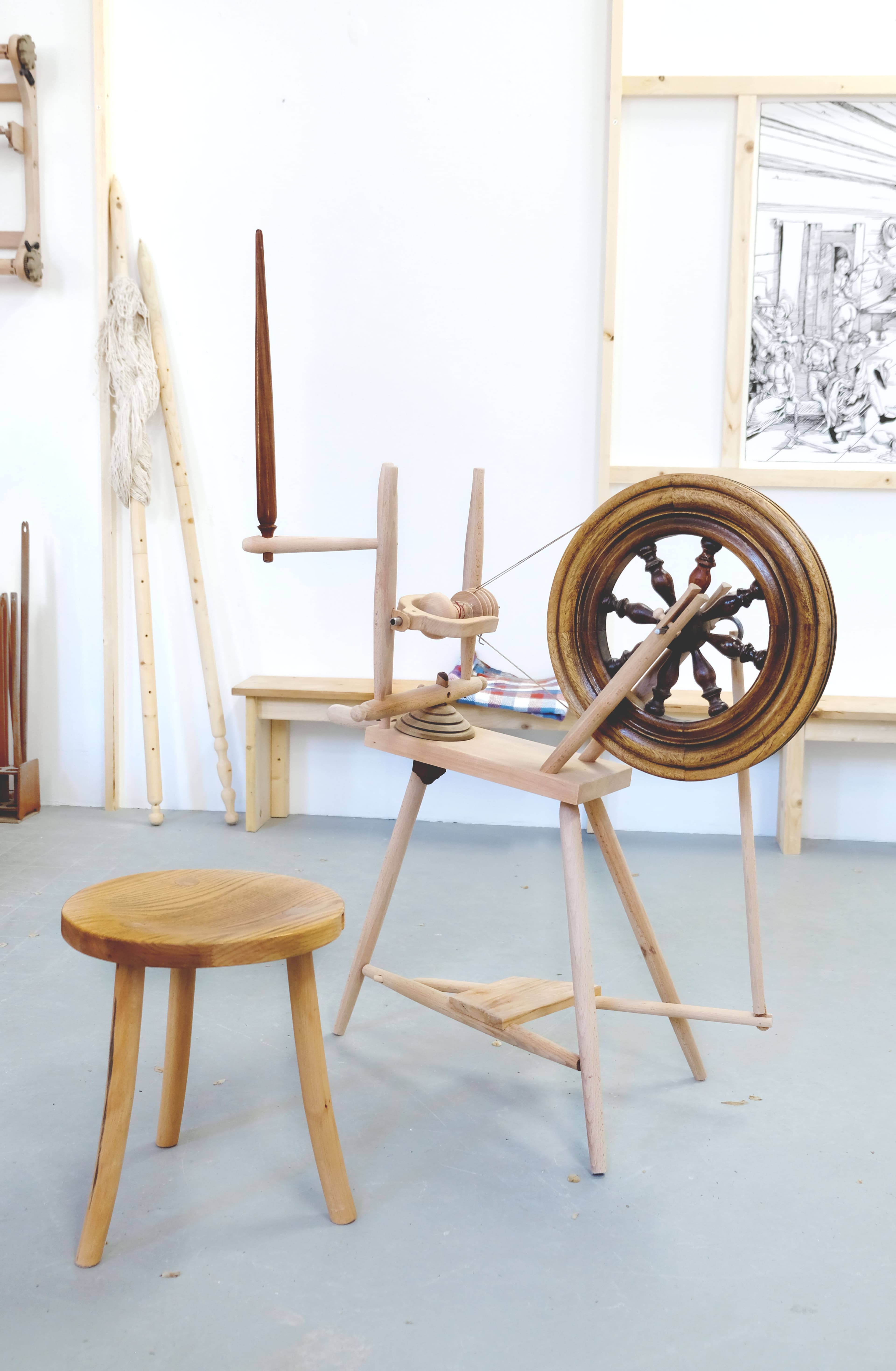 Detail of Textile Workshop: Replica of spinning wheel